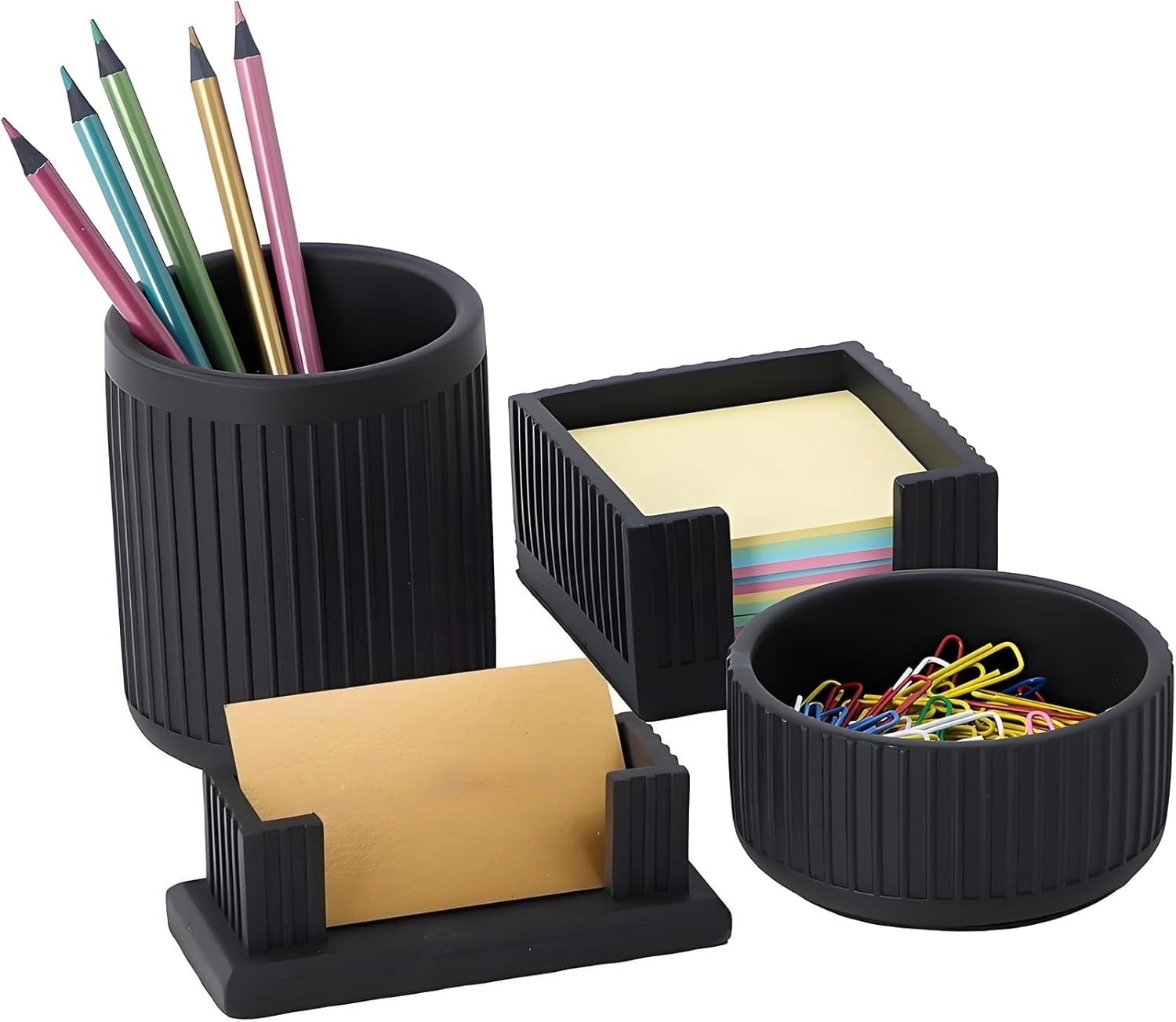 Set of 4 - Concrete Desk Accessories For Modern, Industrial, Minimalist Office Decor- Aesthetic Desk Organizers Accessories For Women or Men- Pen, Business Card Holder