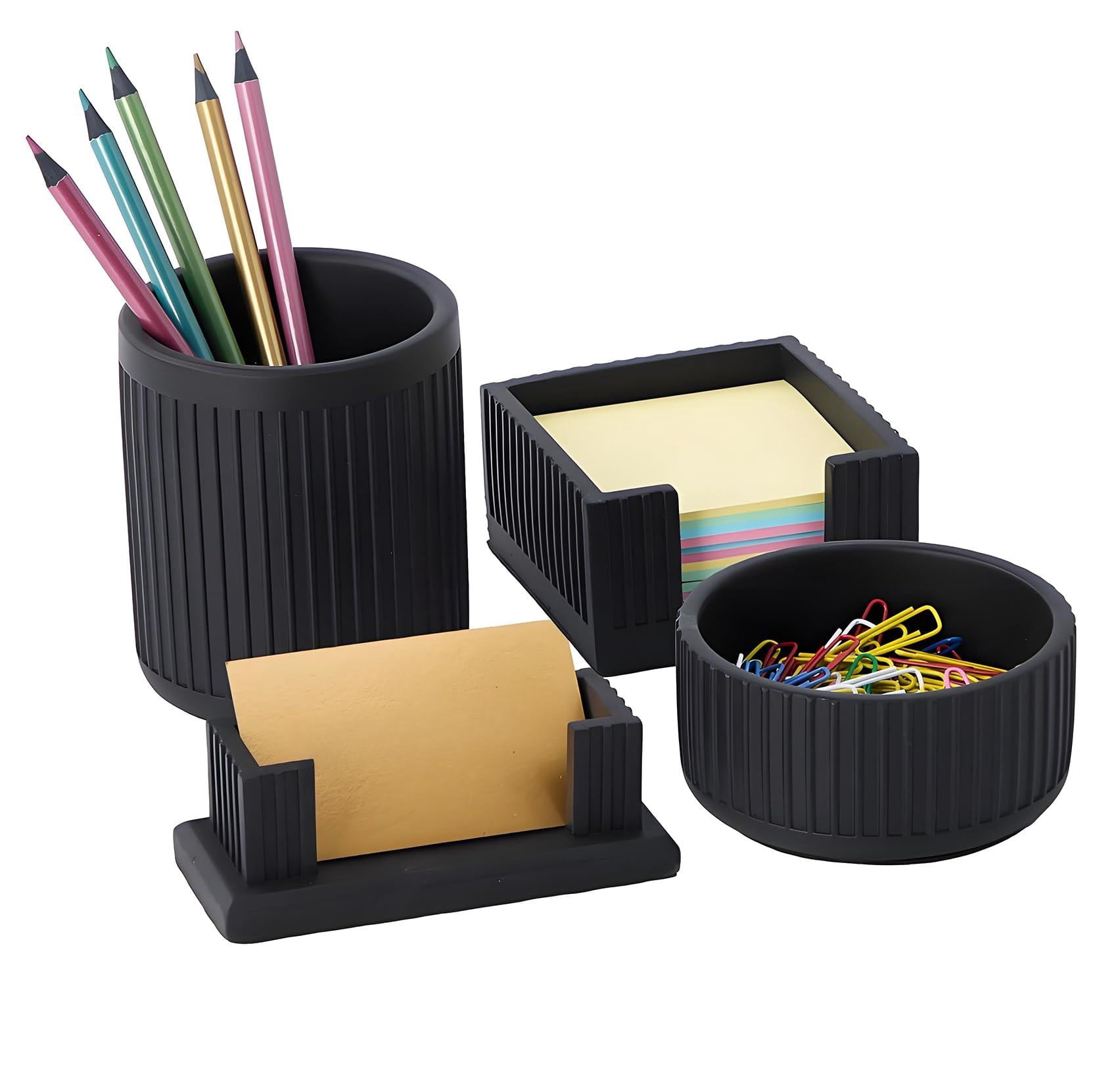Set Of 4 - Concrete Desk Accessories For Modern  Industrial Minimalist Office Decor- Aesthetic Organizers Women Or Men- Pen Business Card Holder & Sticky Note Paper Clip