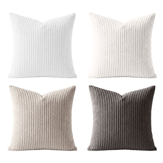 Set of 4 Corduroy Throw Pillow Covers Soft Striped Square Cushion Cases, Rustic Farmhouse Boho Home Decor for Living Room Couch Bed Sofa, Textured Plush Decorative Pillow Shams 18x18 Inch