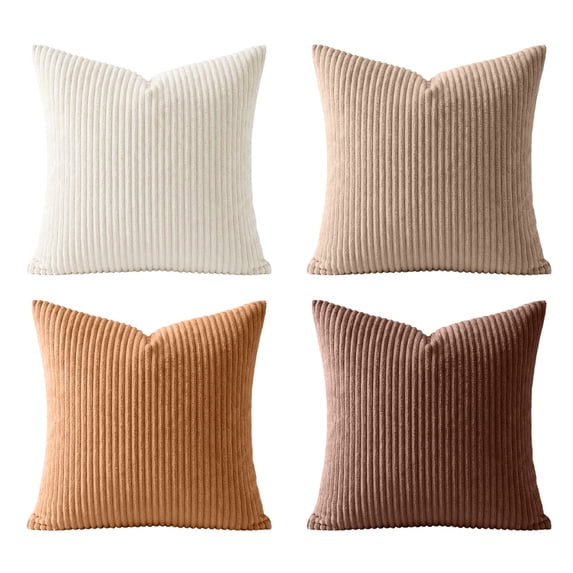 Set of 4 Corduroy Throw Pillow Covers Soft Striped Square Cushion Cases, Rustic Farmhouse Boho Home Decor for Living Room Couch Bed Sofa, Textured Plush Decorative Pillow Shams 16x16 Inch