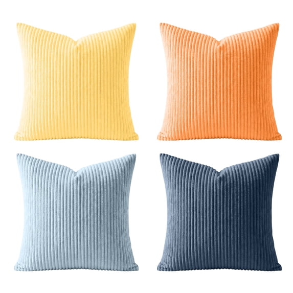 Set of 4 Corduroy Throw Pillow Covers Soft Striped Square Cushion Cases, Rustic Farmhouse Boho Home Decor for Living Room Couch Bed Sofa, Textured Plush Decorative Pillow Shams 16x16 Inch