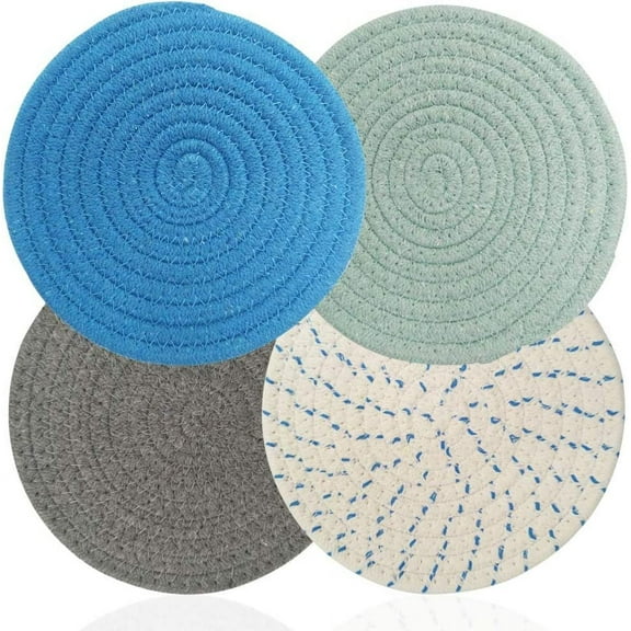 Set of 4 Cotton Trivets Mats-Hot Pot Holder Hot Pads for Table & Countertop-Trivet for Hot Dishes-Non-Slip & Heat Resistant Modern Kitchen Hot Pads for Pots & Pans | (Round, Set of 4, Blue)