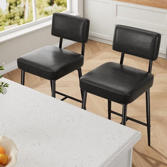 Set of 2 Modern Bar Stools with Backrest, Boucle Upholstered Seat ...