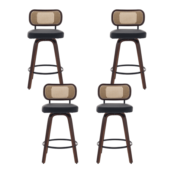 Set of 4 Counter Height Bar Stools, 26 inch Rattan Counter Height Stools with Cane Back, Upholstered Seat, Craftsmanship, Swivel Counter Stools for Island/Kitchen/Counter/Bar (Black)