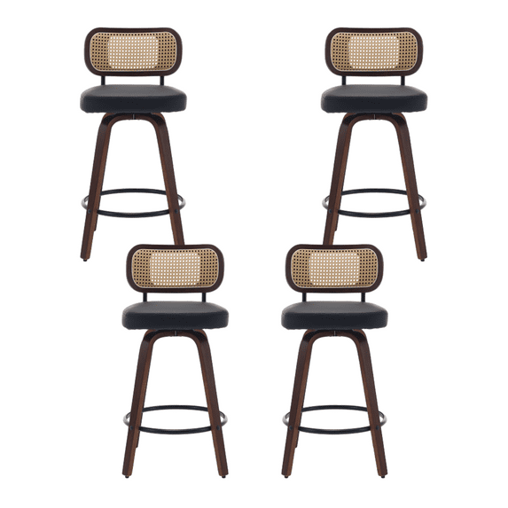 Set of 4 Counter Height Bar Stools, 26 inch Rattan Counter Height Stools with Cane Back, Upholstered Seat, Craftsmanship, Swivel Counter Stools for Island/Kitchen/Counter/Bar (Black)