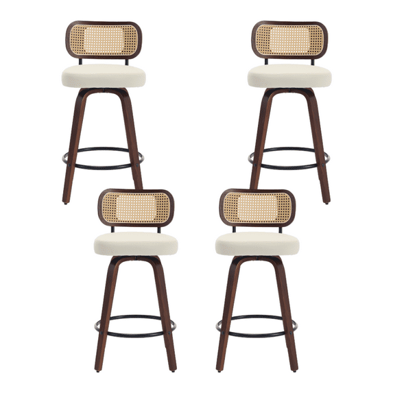 Set of 4 Counter Height Bar Stools, 26 inch Rattan Counter Height Stools with Cane Back, Upholstered Seat, Craftsmanship, Swivel Counter Stools for Island/Kitchen/Counter/Bar (Beige)