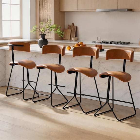 Set of 4 Counter Height Bar Stools, Upholstered Faux Leather Barstools with Back,Black Metal Frames,26" Seat Height, Modern Upholstered Counter Stools for Kitchen Island