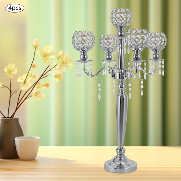 Set of 4 Crystal Candelabra Centerpieces 5-Arm Silver Candle Holders for Weddings, Dining Tables & Events, Luxury Crystal Candle Stand with Detachable Bowls