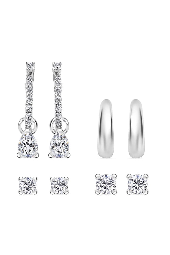 Set of 4 Cubic Zirconia Huggie Earrings 925 Sterling Silver Rhodium Plated Ear Pairs 1 Hoop Tear Drop Interchangeable Charms 1 Plain Ear Cuffs 2 Stud Women Jewelry Christmas Gifts for Women