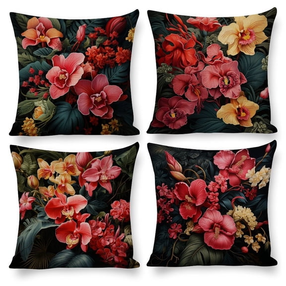 Set of 4 Cushion Case Black And Pink Tropical Print with Red Orchids Throw Pillows for Bed Watercolor Flowers Farmhouse Pillow Covers Outdoor Throw Pillow Covers Cushion Cases Decorative