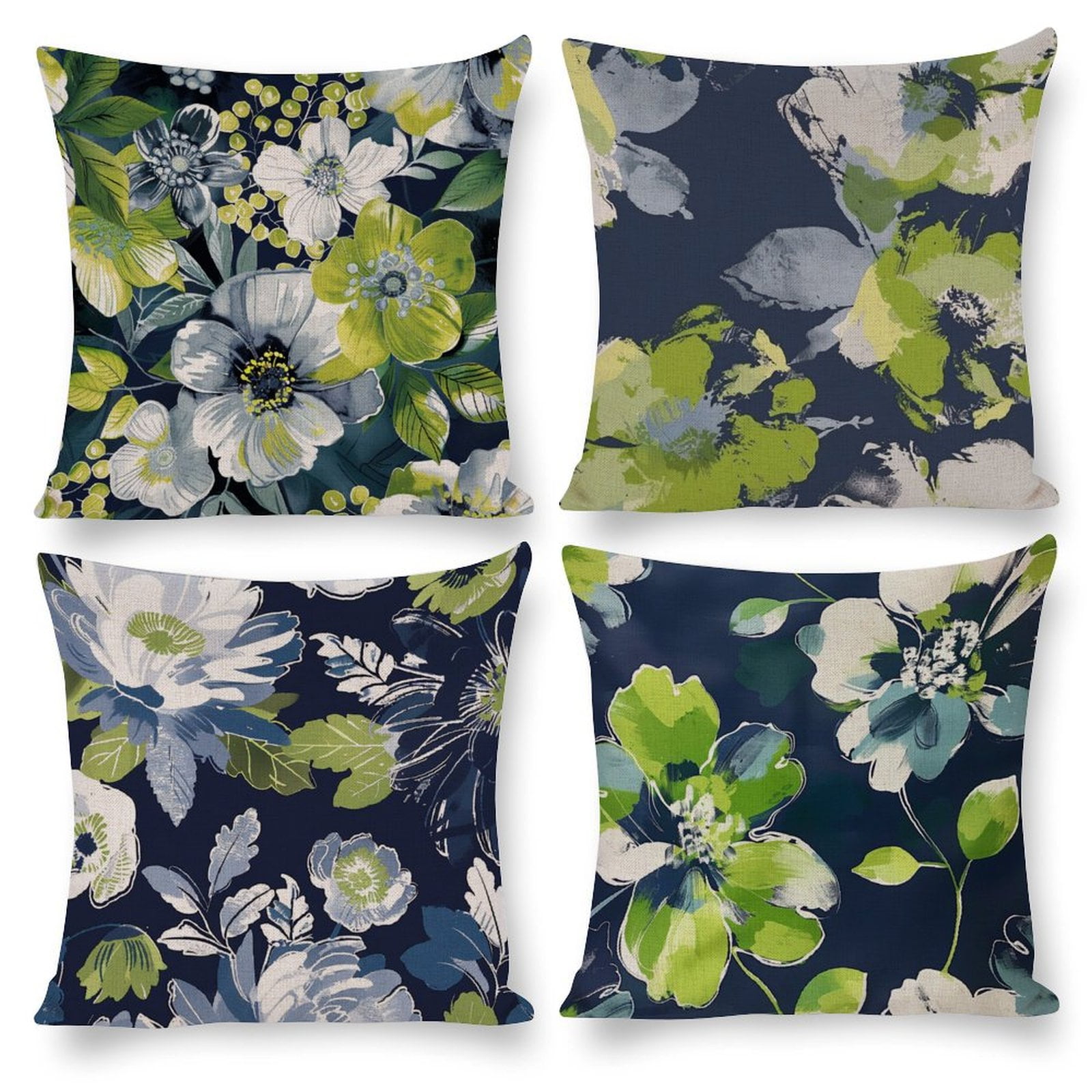 Set of 4 Cushion Case Modern Floral Design in Navy Blue, Lime Green And ...