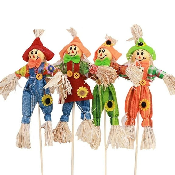 Set of 4 Cute Straw Scarecrow Decorations - 11.8 Inch Rustic Halloween Party Props for Porch, Tabletop, Thanksgiving and Fall Harvest Festival Displays