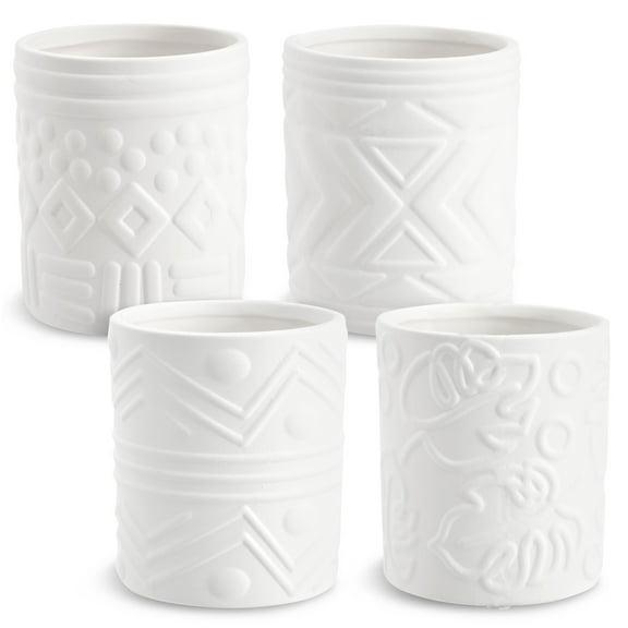 Set of 4 Paint Your Own Cactus Succulent Planters - Blank Paintable Flower Pots with Drainage Holes, Rubber Plugs, 15 Sticker Pot Pads - Ceramics Pottery to Paint for Adults (4 Designs)