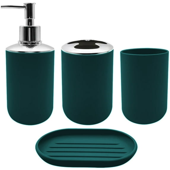 4 Green Bathroom Accessories Set,Include Shatter-Resistant Toothbrush Stand Holder,Modern Lotion Dispenser,Palstic Mouthwash Cup,Soap Storage Dish,Portable Travel Toiletries for Home Decor