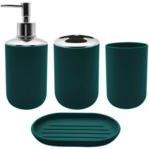 4 Green Bathroom Accessories Set,Include Shatter-Resistant Toothbrush Stand Holder,Modern Lotion Dispenser,Palstic Mouthwash Cup,Soap Storage Dish,Portable Travel Toiletries for Home Decor