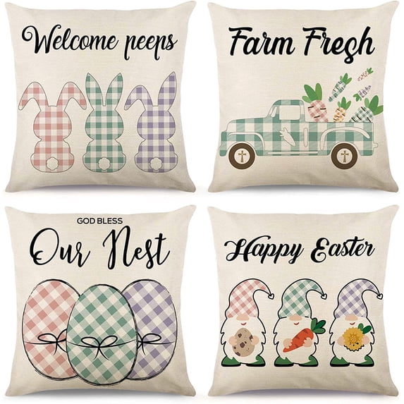 Set of 4 Decorative Easter Bunny Throw Pillow Covers - Truck Eggs Linen 18 x 18 Inches Pillow Cushion Case for Sofa Couch Bed Home Outdoor Car (18" x 18", Easter/Rabbit)