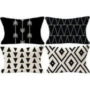 Set of 4 Decorative Geometric 12 x 20 Inches Throw Pillow Covers - Modern Pattern Linen Rectangle Pillow Cushion Case for Sofa Couch Bed Home Outdoor Car 12" x 20", Black