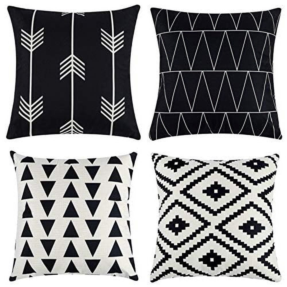 Set of 4 Black and White Geometric Cotton Polyester Throw Pillow Covers