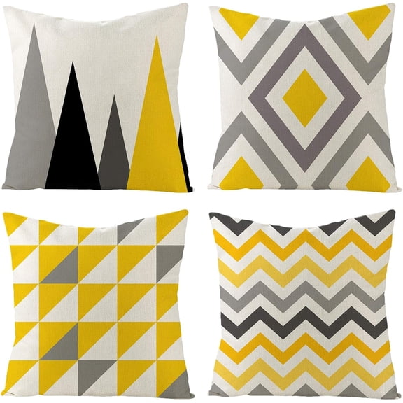 Set of 4 Decorative Geometric Yellow Grey 18 x 18 Inches Throw Pillow Covers - Modern Pattern Linen Square Pillow Cushion Case for Sofa Couch Bed Home Decor Outdoor (18" x 18", Yellow/Gray)