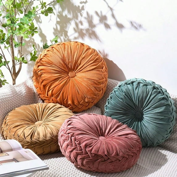 Set of 4 Decorative Round Pleated Throw Pillows Classy Veet Pumpkin Round Throw Pillows Decorative Floor Pillow for Bed Chair Home Sofa Decor 14 Diameter Colorful