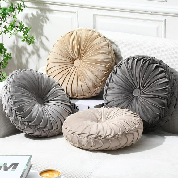 Set of 4 Decorative Round Pleated Throw Pillows, Classy Velvet Pumpkin Round Throw Pillows, Decorative Floor Pillow for Bed Chair Home Sofa Decor, 14" Diameter(Multicolor)