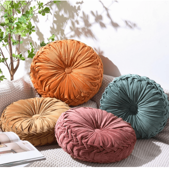 Set of 4 Decorative Round Pleated Throw Pillows, Classy Velvet Pumpkin Round Throw Pillows, Decorative Floor Pillow for Bed Chair Home Sofa Decor, 14" Diameter