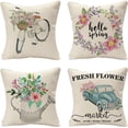 thumbnail image 1 of Set of 4 Decorative Spring Flower Throw Pillow Covers - Bicycle Car Linen 18 x 18 Inches Pillow Cushion Case for Sofa Couch Bed Home Outdoor Car (18" x 18", Spring/Flower), 1 of 6