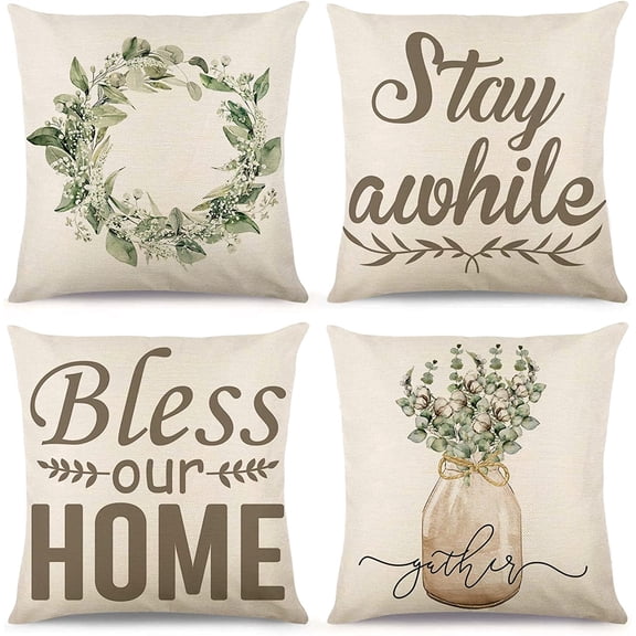 Set of 4 Decorative Spring Wreath Pillow Covers 18 x 18 Inches - Summer Floral Leaves Bless Home Linen Cushion Case for Farmhouse Decor Room Bedroom Sofa Chair Car (18" x 18", Green/Wreath)