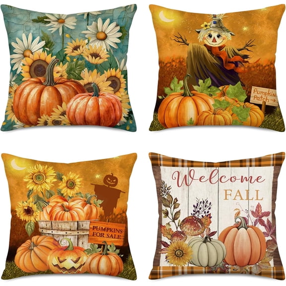Set of 4 Decorative Throw Pillow Cover for Couch Sofa, Autumn with Pumpkin Patch Sunflower Scarecrow Maple Leaf Thanksgiving Halloween Farmhouse Decor Pillow Case 18"x18" (Pumpkins for Sale)