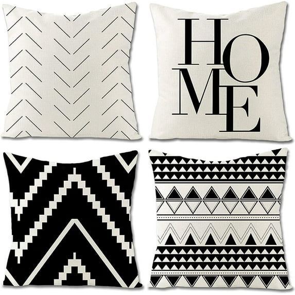 Set of 4 Decorative Throw Pillow Covers 18x18 Inch for Couch, Black and White/Cream Square Accent Pillows Cover Case for Cushions Sofa Bed Cushion and Living Room Farmhouse Outdoor Decoration (Black)