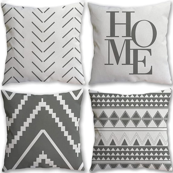 Set of 4 Decorative Throw Pillow Covers 18x18 Inch for Couch, Square Accent Grey Pillows Cover Case for Cushions Sofa Bed Chair and Living Room Farmhouse Outdoor Decoration (Grey 0145)