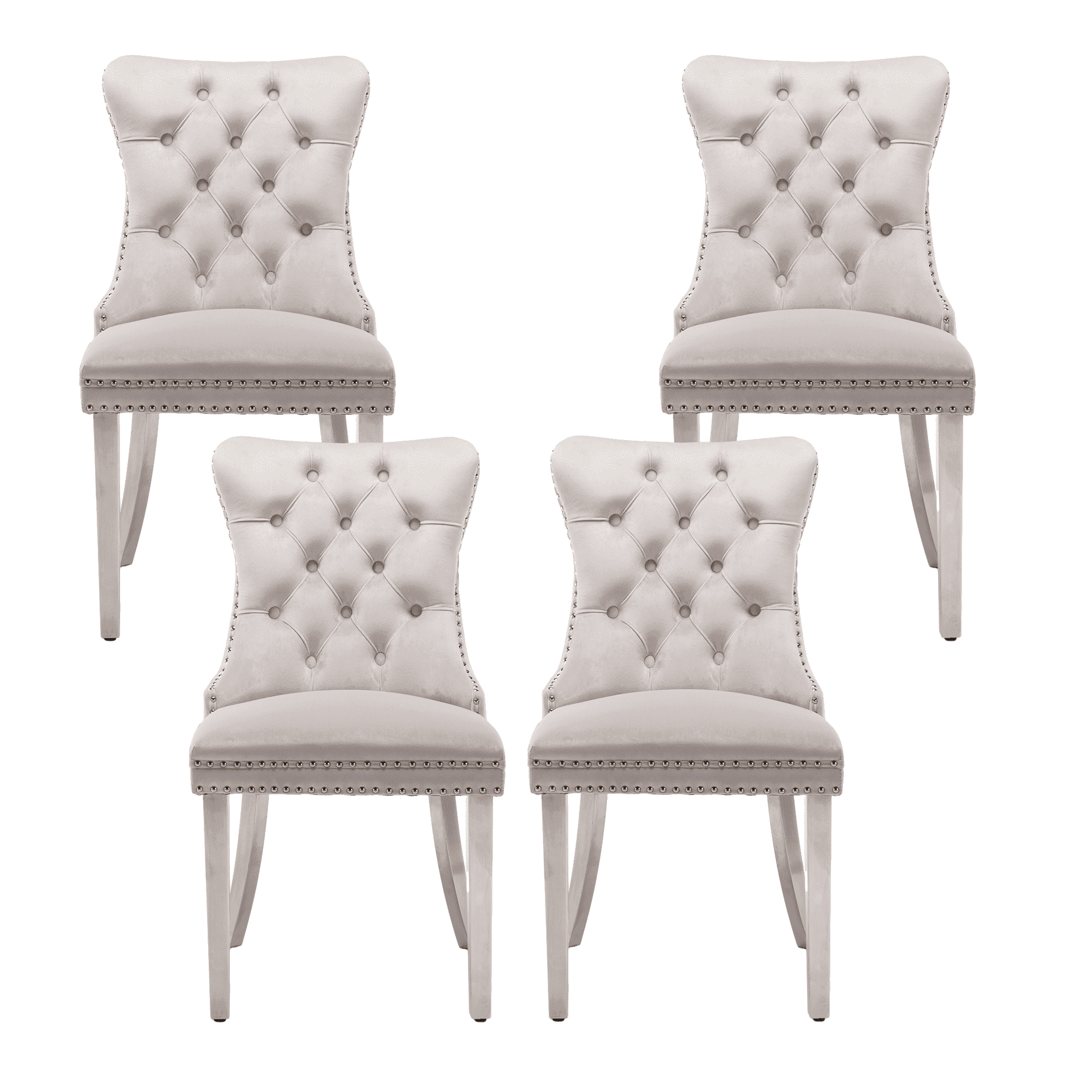 Set of 4 Dining Chairs Leisure Padded Chair, Tufted Solid Wood Velvet Upholstered Dining Chair with Nailhead Trim& Ring Pull for Kitchen, Living Room (Beige with Steel Leg)