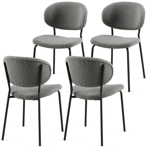 Set of 4 Dining Chairs, Modern Backrest Chairs with Boucle Fabric Upholstered, Armless, Black Metal Legs, Lounge Chairs for Dining Room, Living Room, Bedroom, Grey