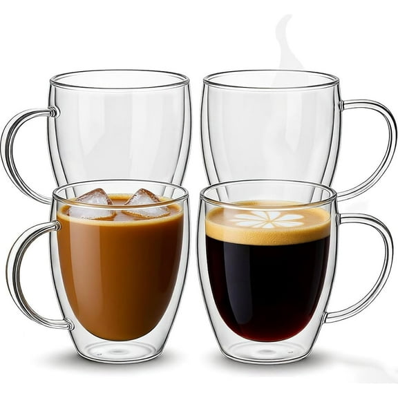 Set of 4 Double Walled Glass Coffee Mugs with Handles, 12oz Clear Coffee Mugs for Hot/Cold Beverages, Insulated Borosilicate Glass Cups for Cappuccino, Espresso, Latte, Tea, Milk, Microwave Safe