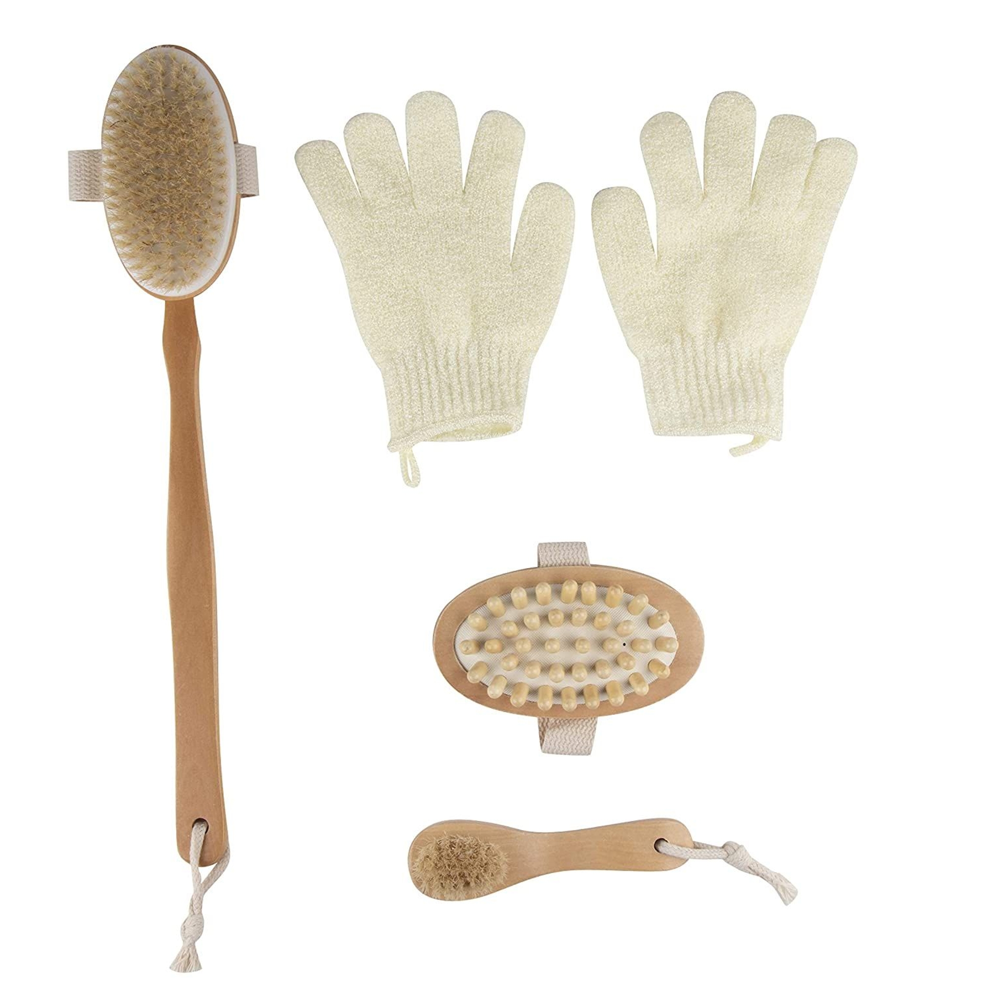 Set of 4 Dry Brushing Body Brush Kit, Natural Bristle Wooden Bath Shower Back Scrubber, Face Skin Cleansing Exfoliator, Anti-cellulite Spa Massager and Exfoliating Gloves by Juvale - image 1 of 9