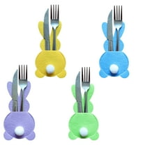 Set of 4 Easter Bunny Utensil Cutlery Holders Pouch Bags Felt Silverware Holder Bag Utensil Sleeve for Knife forks Easter Table Decoration Wedding Birthday Party, Pink Blue Green Multicolor Purple