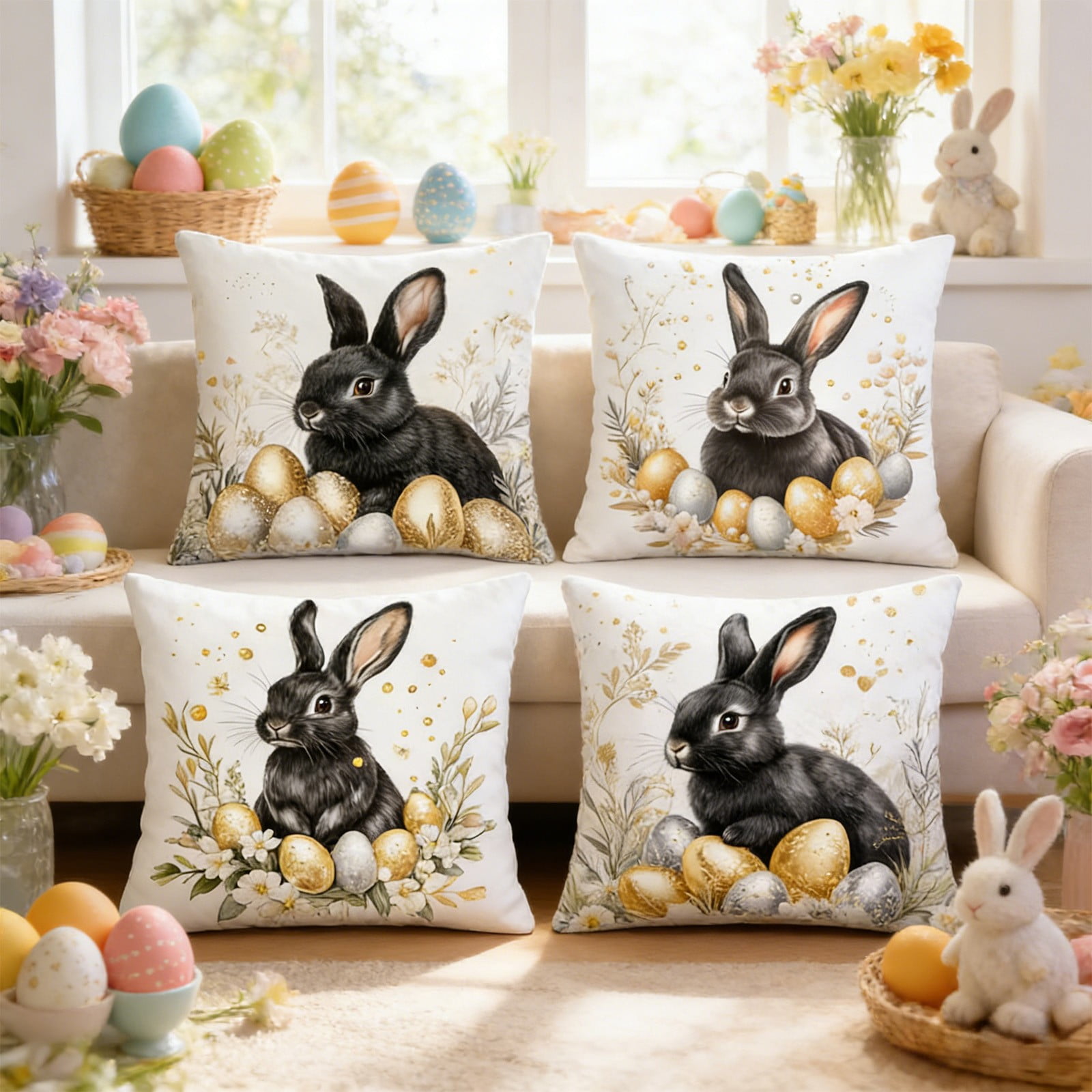 Set of 4 Easter Pillow Covers 18x18 Inches, Easter Bunny and Egg Patterns Soft Flannel Decorative Throw Pillow Covers for Sofa Couch Spring Home Decor