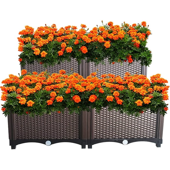 Set of 4 Elevated Plastic Raised Garden Bed Planter Kit for Flower Vegetable Grow, Elevated Planting Container with Legs for Indoor & Outdoor Use, Brown
