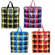 Set of 4 Extra Large Reusable Unbreakable Hard Plastic Fabric Checkered Laundry Bags with Zipper and Handles for Travel, Grocery, Laundry, Shopping, Moving, Size28"x23"x9.5"- Colors may vary
