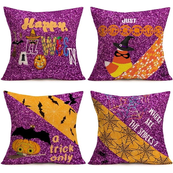 Set of 4 Fall Halloween Pumpkin Decorations Throw Pillow Covers Witch Spider Web Evil Bat Trick or Treats Pillow Cases Cotton Linen 18x18 Inch Happy Farmhouse Outdoor Decor Cushion Cover Purple