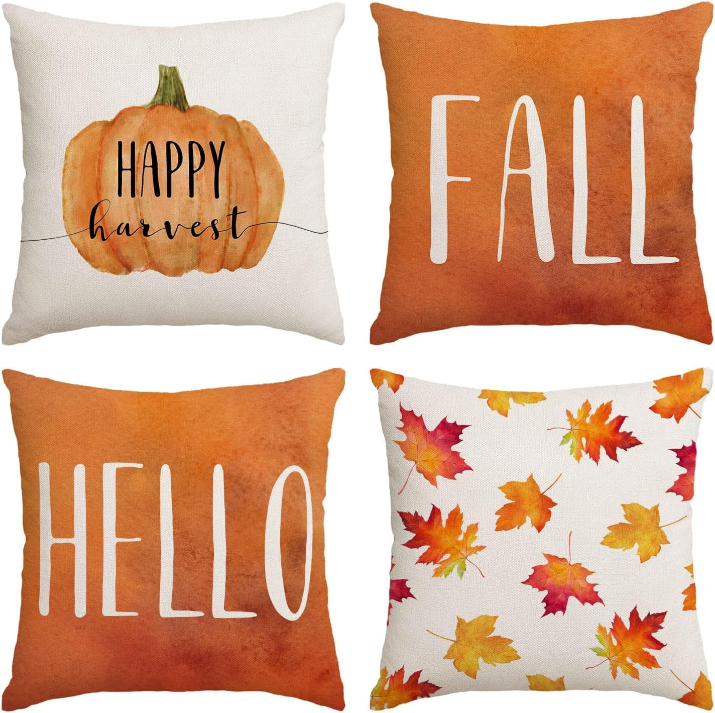 Set of 4 Fall Pillow Covers 12x12 Inch Hello Fall Thanksgiving Decor Throw Pillows Covers Pumpkins Autumn Leaves Decorative Home Outdoor Sofa Couch Pillow Cases for Fall Theme Decorations 12 by 12 Wal...