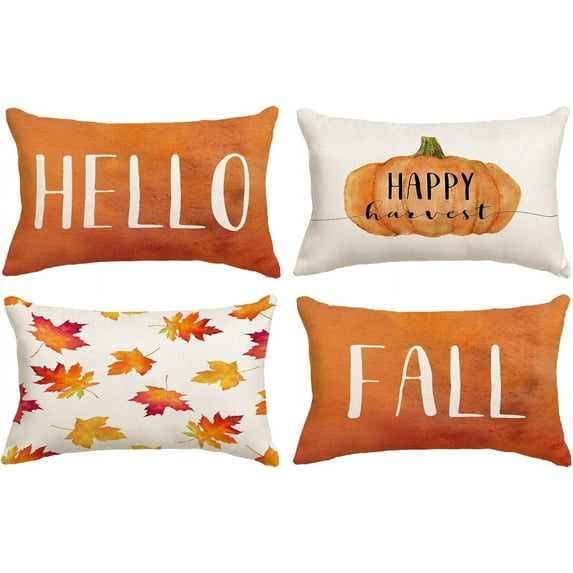 Set of 4 Fall Pillow Covers 12x20 Inch Hello Fall Thanksgiving Decor Throw Pillows Covers Pumpkins Autumn Leaves Decorative Home Outdoor Sofa Couch Pillow Cases for Fall Theme Decorations (12 by 20)