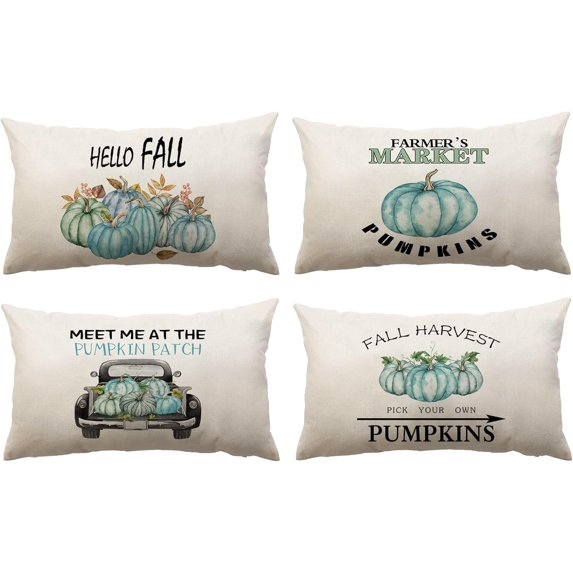 Set of 4 Fall Pillow Covers 12x20 Inch Thanksgiving Throw Pillows Covers Autumn Blue Pumpkins Decorative Cushion Covers Home Outdoor Sofa Couch Lumbar Pillow Cases for Fall Decorations (12 by 20)