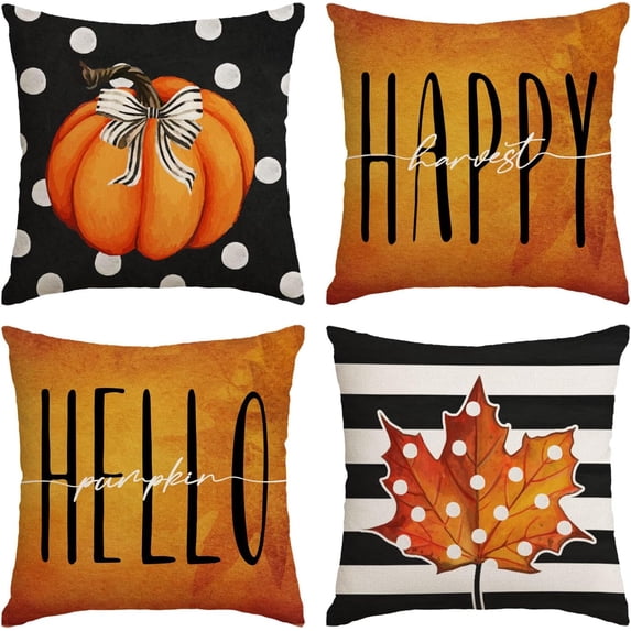 Set of 4 Fall Pillow Covers 16x16 Inch Fall Thanksgiving Pumpkins Throw Pillows Covers Autumn Leaves Decorative Cushion Covers Outdoor Sofa Couch Pillow Cases Fall Halloween Decorations (16 by 16)