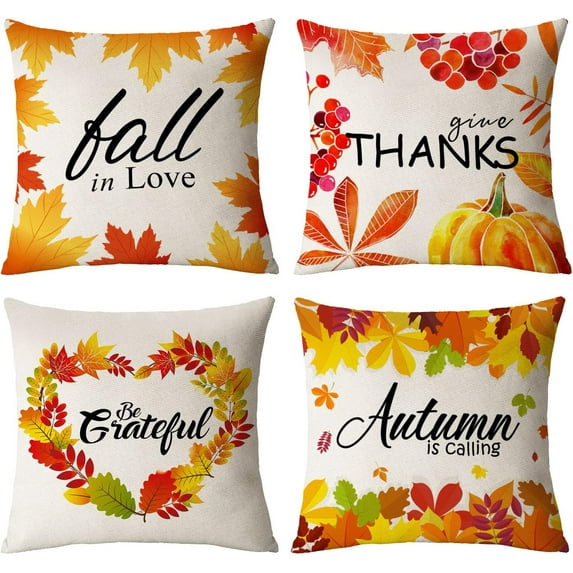 Set of 4 Fall Pillow Covers 16x16 Inch Fall Thanksgiving Throw Pillows Covers Autumn Pumpkins Leaves Decorative Cushion Covers Home Outdoor Sofa Couch Pillow Cases for Fall Decorations (16 by 16)