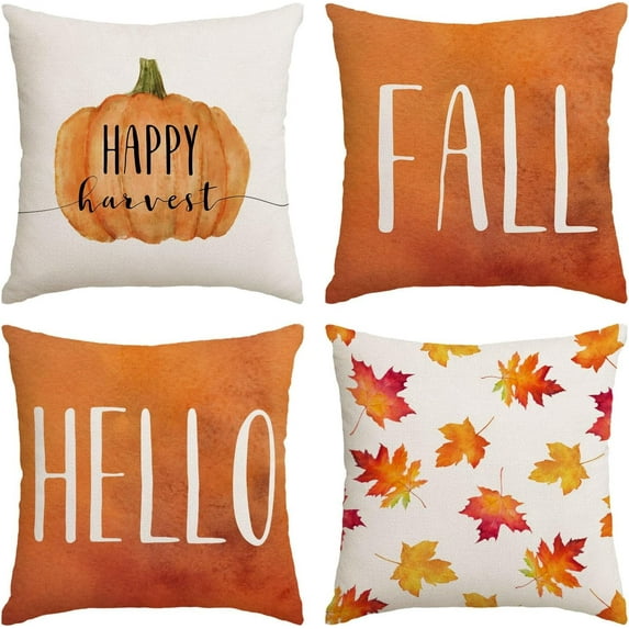 Set of 4 Fall Pillow Covers 18x18 Inch Hello Fall Thanksgiving Decor Throw Pillows Covers Pumpkins Autumn Leaves Decorative Home Outdoor Sofa Couch Pillow Cases for Fall Theme Decorations (18 by 18)