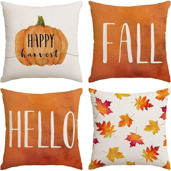 Set of 4 Fall Pillow Covers 18x18 Inch Hello Fall Thanksgiving Decor Throw Pillows Covers Pumpkins Autumn Leaves Decorative Home Outdoor Sofa Couch Pillow Cases for Fall Theme Decorations (18 by 18)