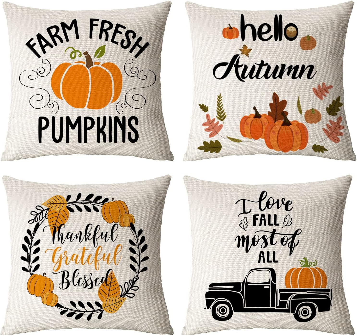 Set of 4 Fall Pillow Covers 20x20 Inch Fall Thanksgiving Pumpkins Decor ...