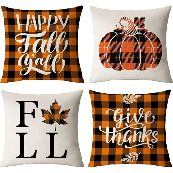 Set of 4 Fall Pillow Covers 20x20 Inch Thanksgiving Decor Throw Pillows Covers Plaid Pumpkins Autumn Leaves Decorative Home Outdoor Sofa Couch Pillow Cases for Fall Theme Decorations (20 by 20)