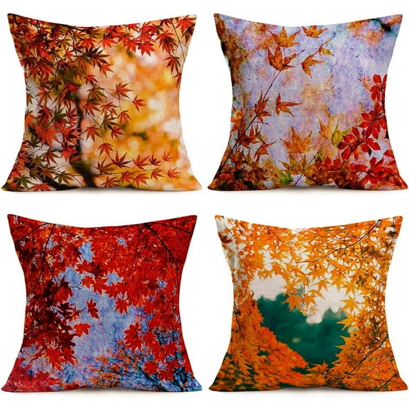 Set of 4 Fall Pillow Covers Autumn Maple Leaves Pillow Case Fall Decorative Throw Pillow Covers Farmhouose Thanksgiving Cotton Linen Cushion Cover for Sofa Bed 18"x 18" (Red)